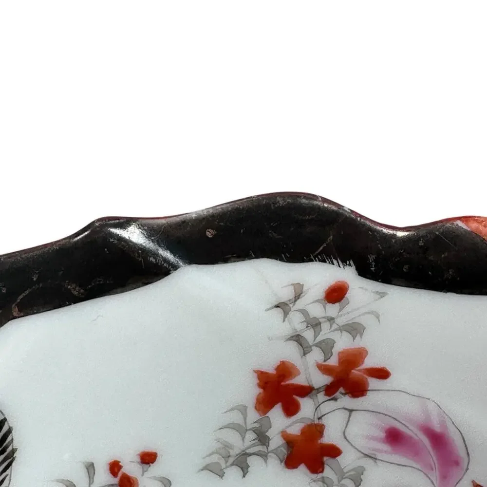 Antique Japanese Porcelain Plates Birds Floral Set of 4 High Rimmed Hand Painted